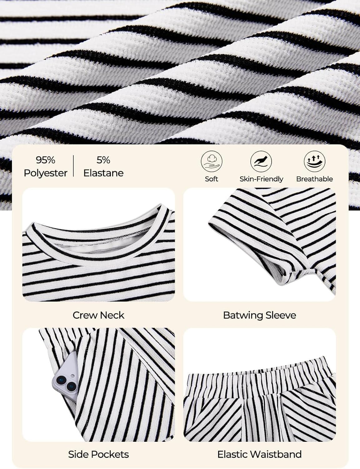 Haloumoning Girls Striped 2 Piece Outfits Short Sleeve T Shirts Wide Leg Pants Matching Lounge Set with Pockets