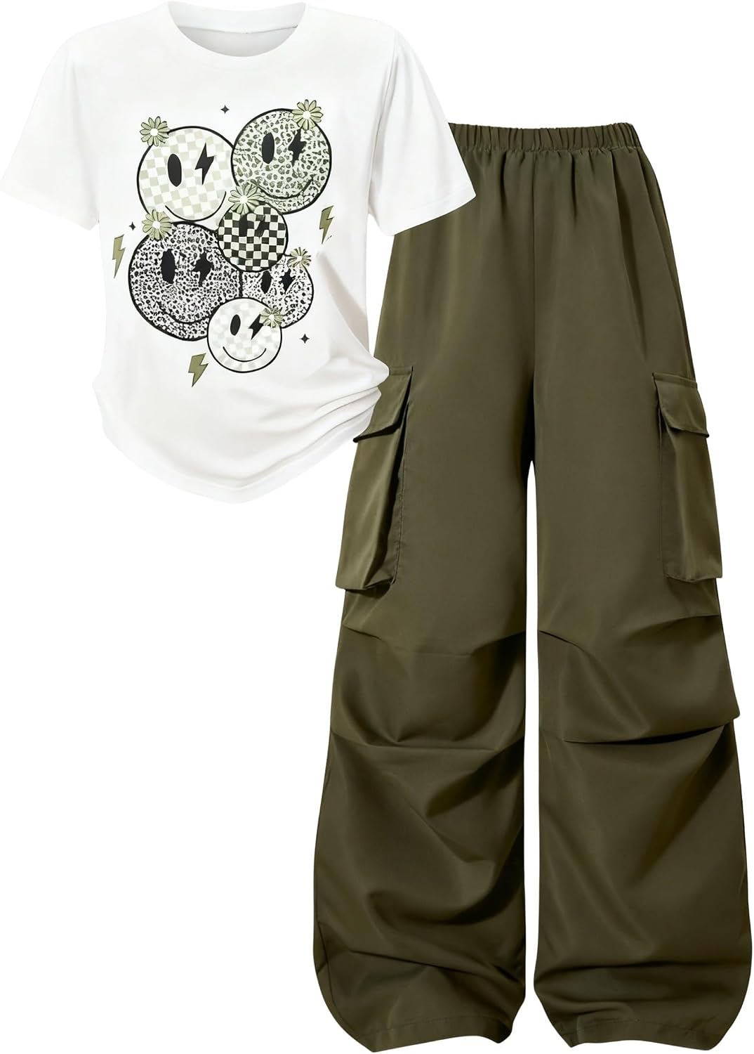 Girls Clothes 2 Piece Smiley Face Print T-Shirt Tops & Cargo Pants Spring Summer Outfits Tween Girls 7-14Y