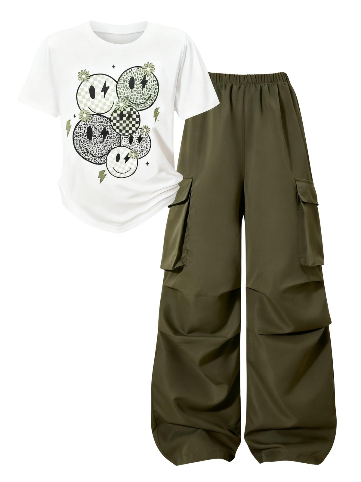 Girls Clothes 2 Piece Smiley Face Print T-Shirt Tops & Cargo Pants Spring Summer Outfits Tween Girls 7-14Y