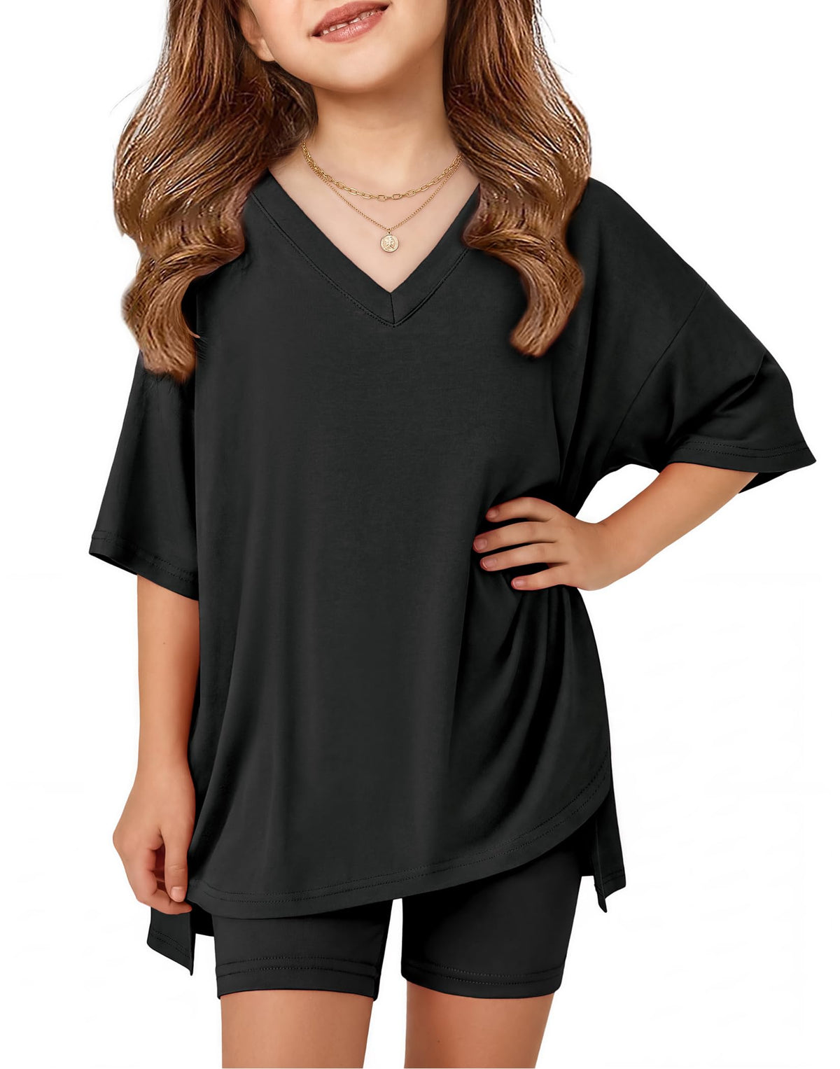 Arshiner Girls 2 Piece Summer Outfits Oversized V Neck Top Shorts Set