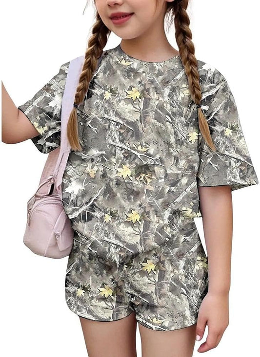 2026 6-12 Years Old Girls 2Pcs Spring Summer Outfits Set Crew Neck Short Sleeve Tops with Pocket Tie-Dye Shorts