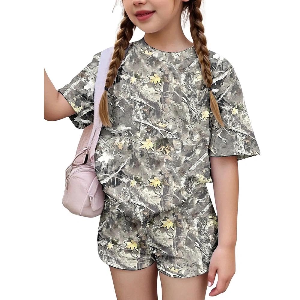 2026 6-12 Years Old Girls 2Pcs Spring Summer Outfits Set Crew Neck Short Sleeve Tops with Pocket Tie-Dye Shorts