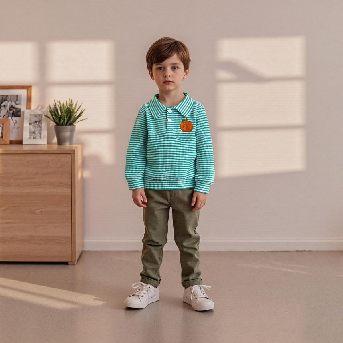 Toddler Baby Boy Halloween Outfit Pumpkin Embroidery Waffle Striped Long Sleeve Polo Shirt Button Up Pullover Top