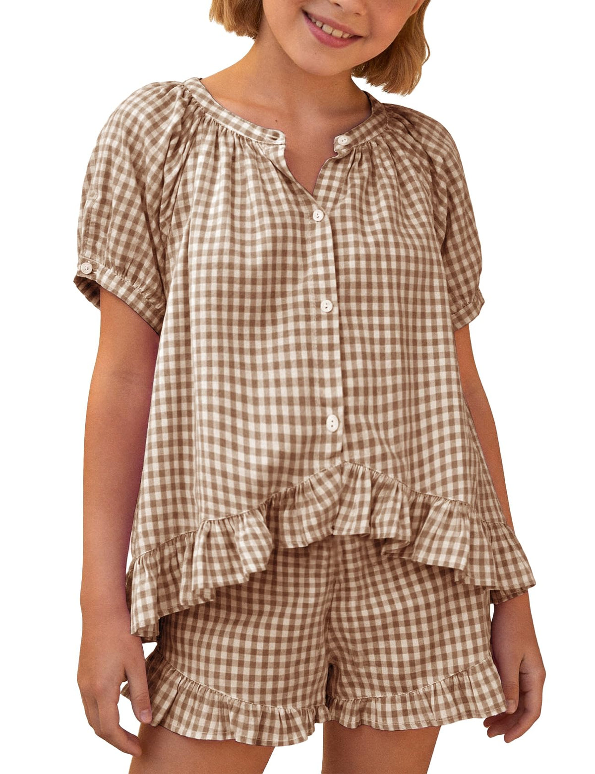 Flygo Girls Cotton Gingham Sets Cute Summer Outfits Shorts Set 5-14 Years