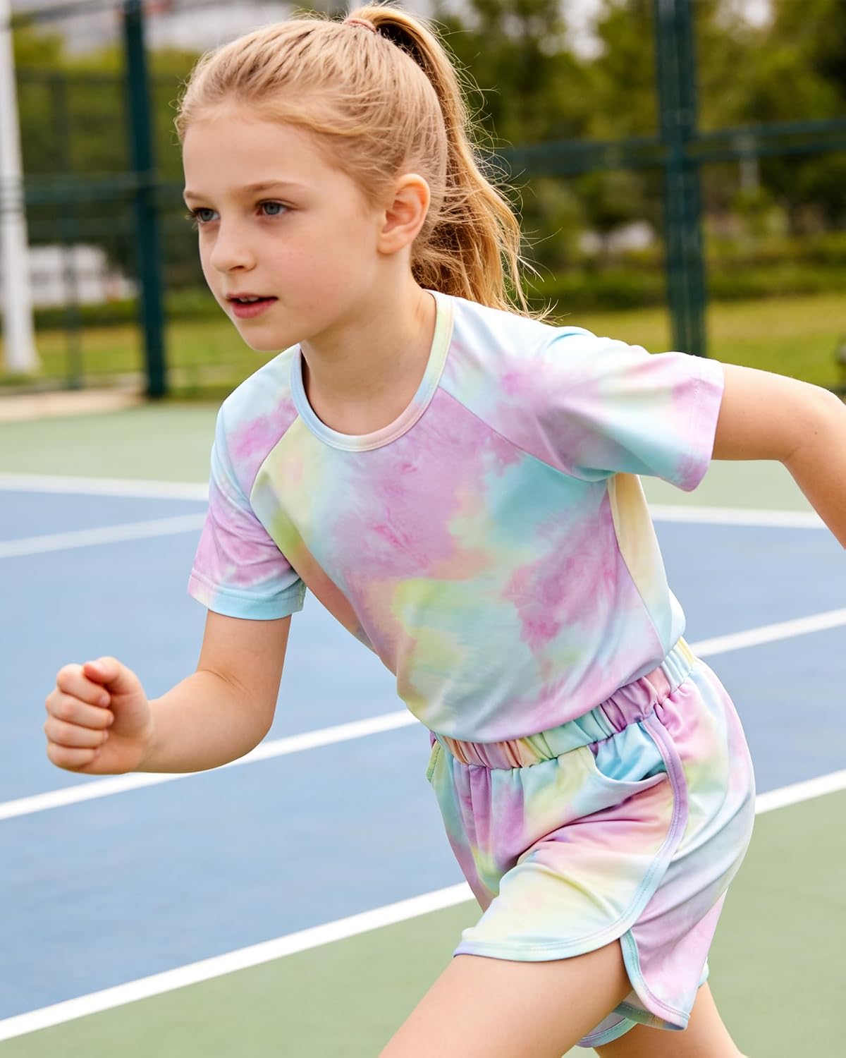 DISAUR Girls Summer Outfits 2 Piece Matching Sets Tie Dye T Shirt and Shorts Set with Pockets for Girls 4-10 Years