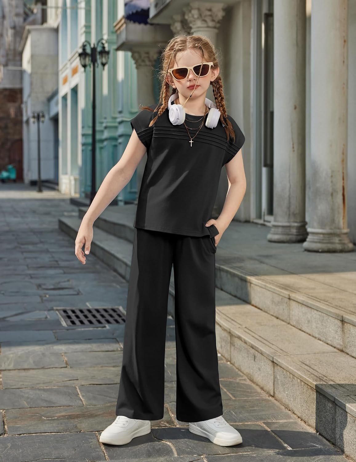Arshiner Girls 2 Piece Outfits Short Sleeve Crewneck Tops Wide Leg Pant Set