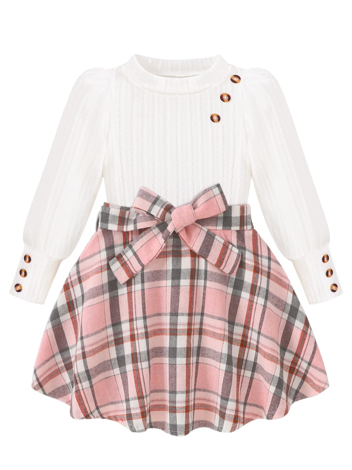 AMAWMW Girls Skirt Sets Fall Outfits Puff Sleeve Crewneck Ribbed Knit Tops and Plaid Skirt Set Kids Fall Winter Clothes