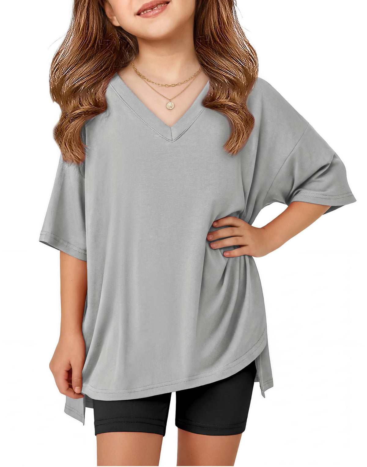 Arshiner Girls 2 Piece Summer Outfits Oversized V Neck Top Shorts Set