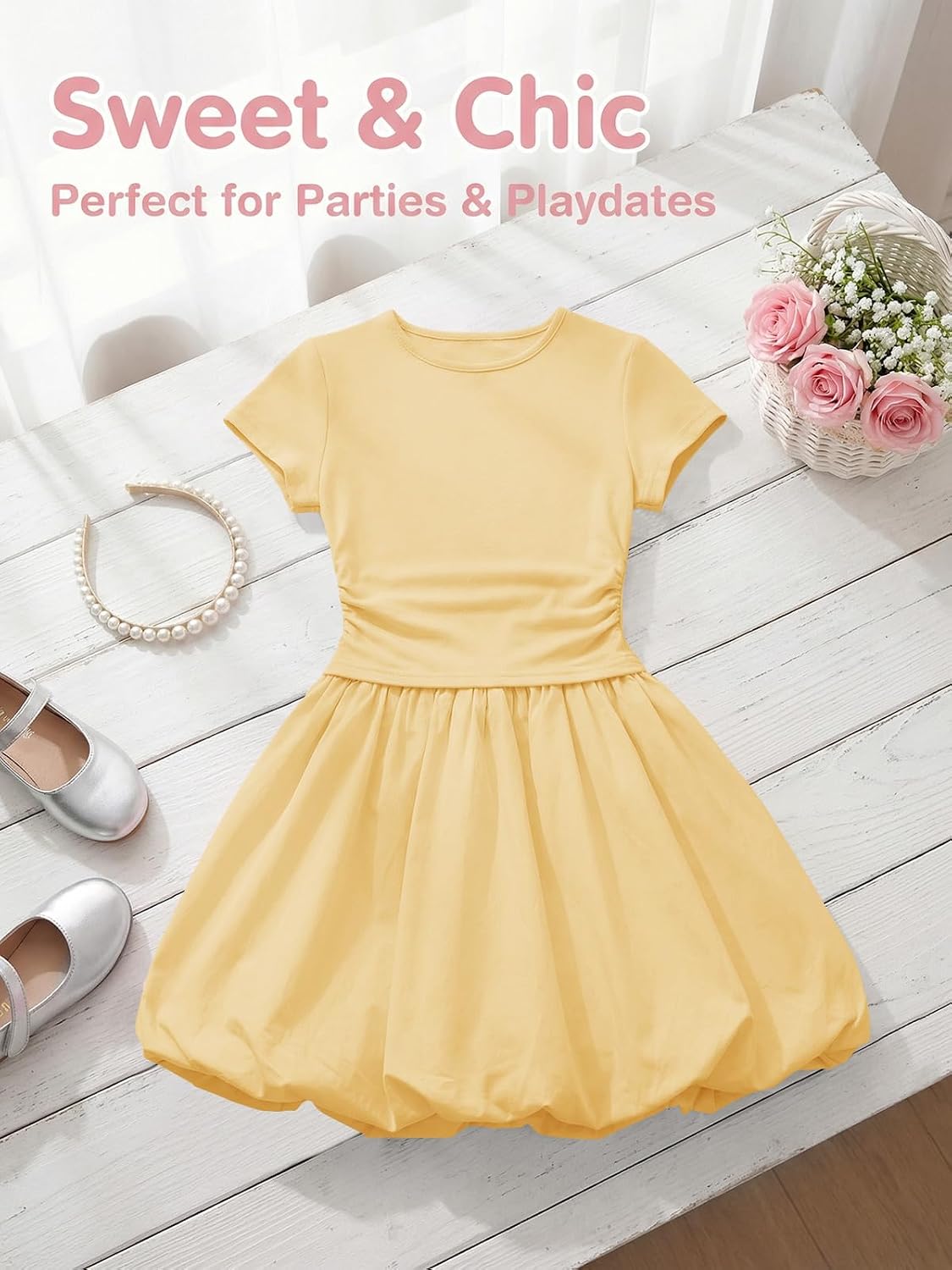 Haloumoning Girls Skirt Sets 2-Piece Ruched Bubble Skirt Outfits 5-14Y