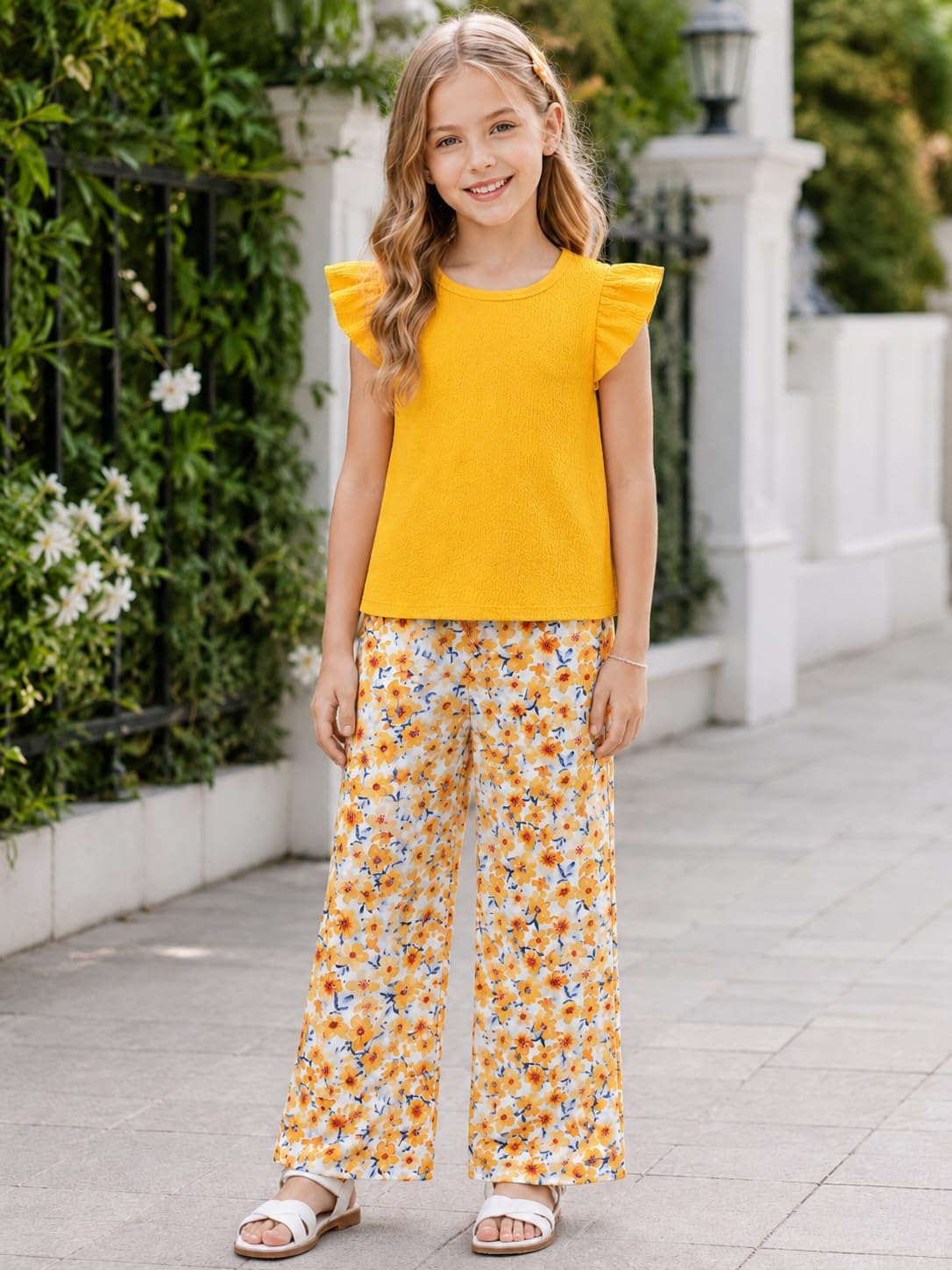 Yoxindax Tween Girls Outfit Set Ruffle Sleeve Smocked Top Floral Print Wide Leg Pants Casual Summer Clothes 7-14 Years