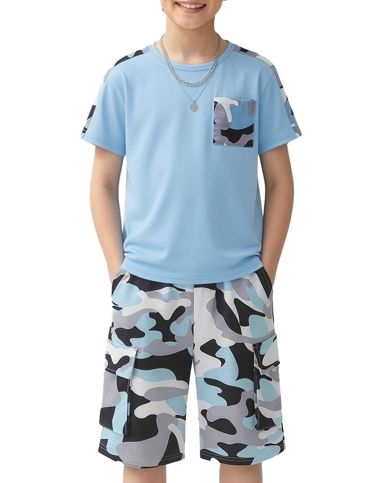 mksodopy Boys Summer Outfit Set 2 Piece T Shirt and Camo Shorts Casual Clothes for Little Big Boys