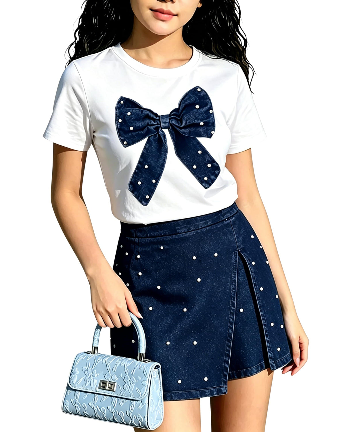 6-12Y Girls Summer Clothes Short Sleeve Bow Print T-Shirt Denim Skirt Shorts Set Tween Girls Outfits Set