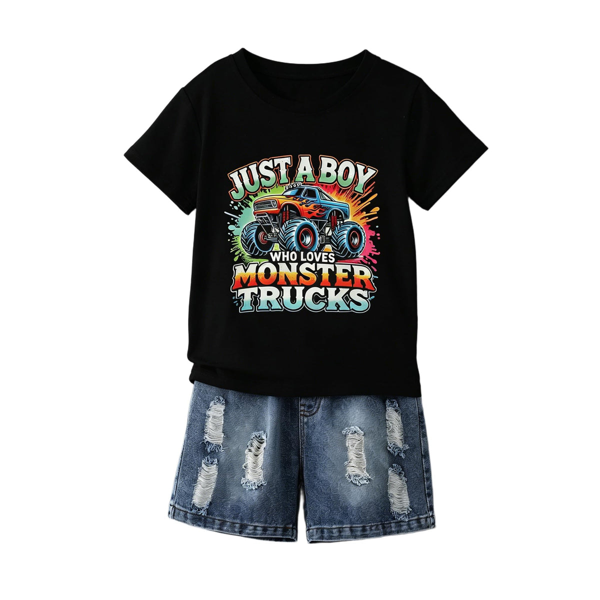 Boys Clothes 2-Piece Summer Outfit 3D Car Print Tie-Dye T-Shirt & Elastic Waist Shorts for Kids Clothing Set 5-11Y