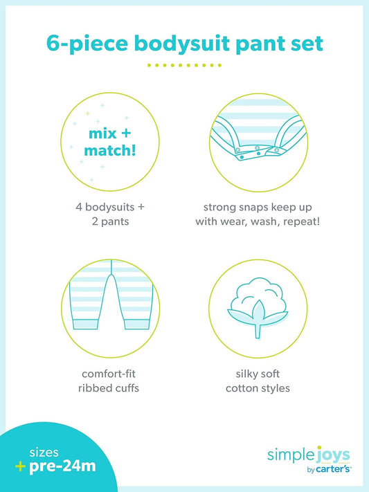 Simple Joys by Carter's Baby Girls 6-piece Bodysuits (Short and Long Sleeve) and Pants Set