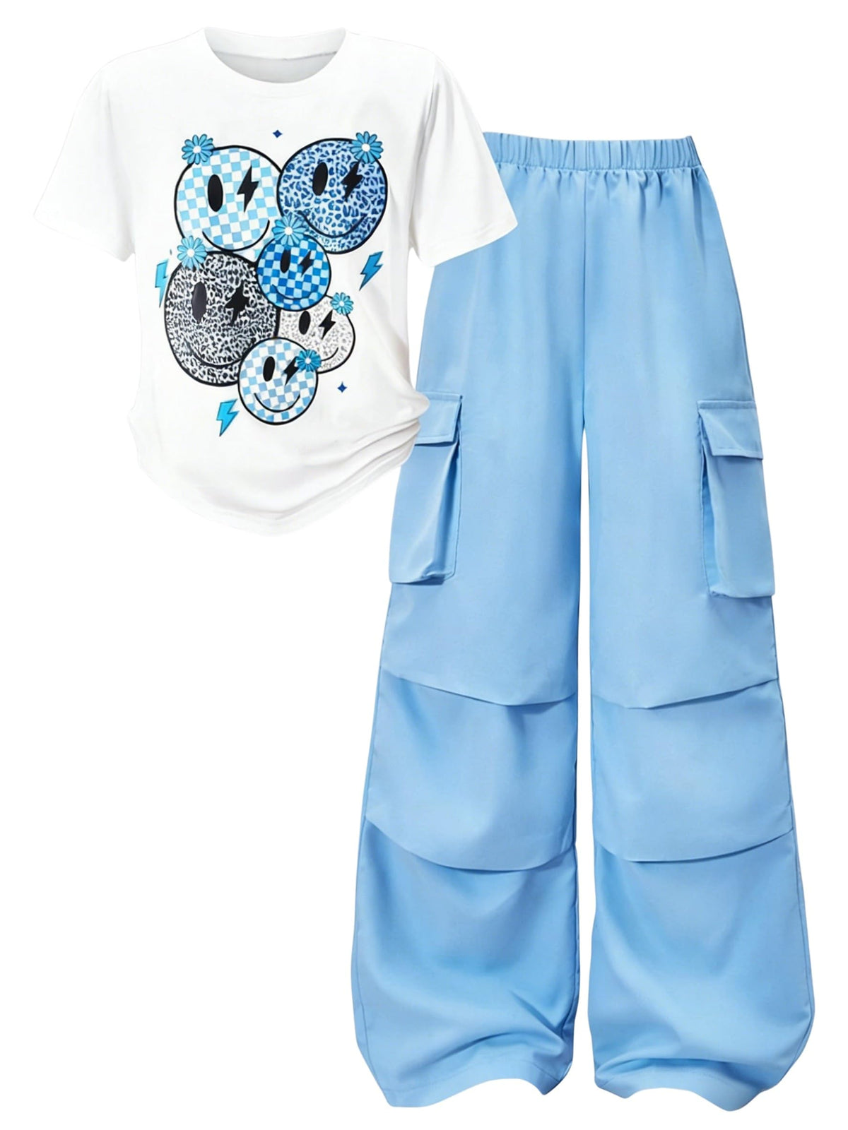 Girls Clothes 2 Piece Smiley Face Print T-Shirt Tops & Cargo Pants Spring Summer Outfits Tween Girls 7-14Y