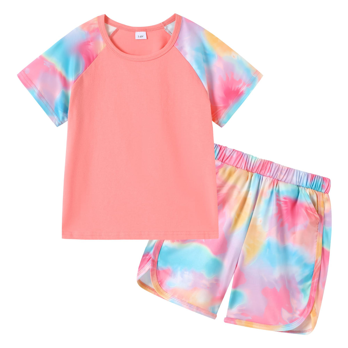 DISAUR Girls Summer Outfits 2 Piece Matching Sets Tie Dye T Shirt and Shorts Set with Pockets for Girls 4-10 Years