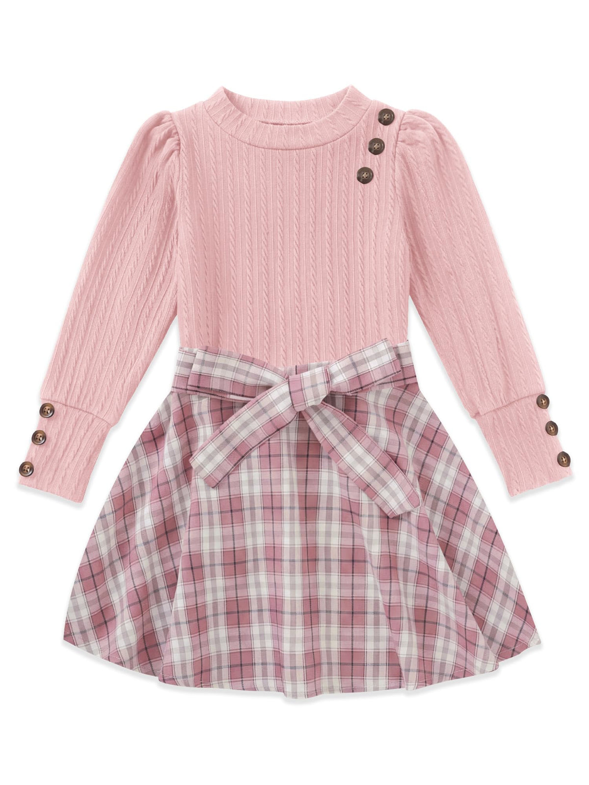 AMAWMW Girls Skirt Sets Fall Outfits Puff Sleeve Crewneck Ribbed Knit Tops and Plaid Skirt Set Kids Fall Winter Clothes