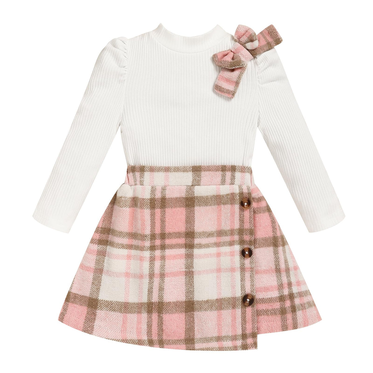 Toddler Girl Plaid Outfits Fall Winter Dress Knit Ribbed Bow Sweatshirt Tops and Button Fashion Skirts Set