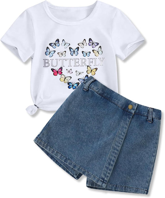 Girls Summer Clothes Butterfly Print Short Sleeve Tops and Denim Skirt Shorts Set Cute Outfits for Kids Girls 5-12Y