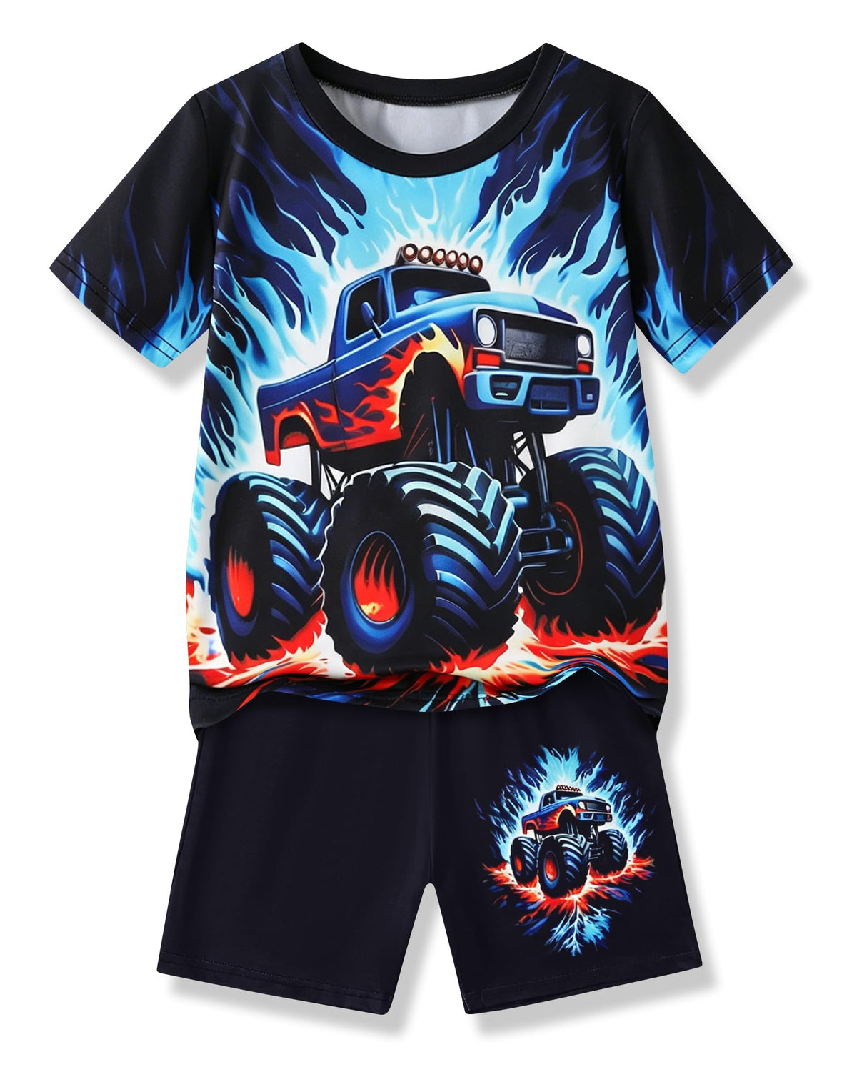 Boys Clothes 2-Piece Summer Outfit 3D Car Print Tie-Dye T-Shirt & Elastic Waist Shorts for Kids Clothing Set 5-11Y