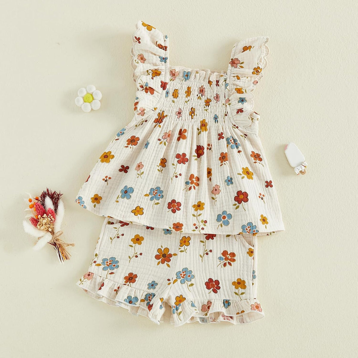 BemeyourBBs Summer Toddler Girl Clothes Baby Girl Ruffle Shirt Shorts Set