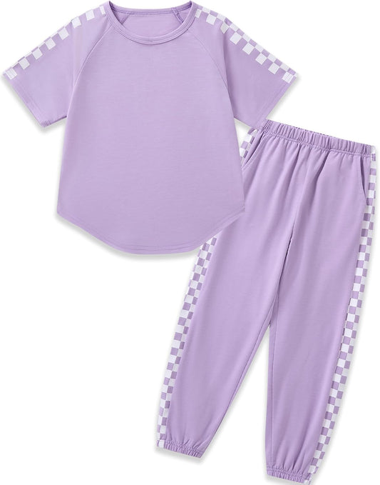 Girls Clothes Outfits Set Checkerboard 2PC Tracksuit Short Sleeve Raglan Tee and Joggers Pants for 4-16Y