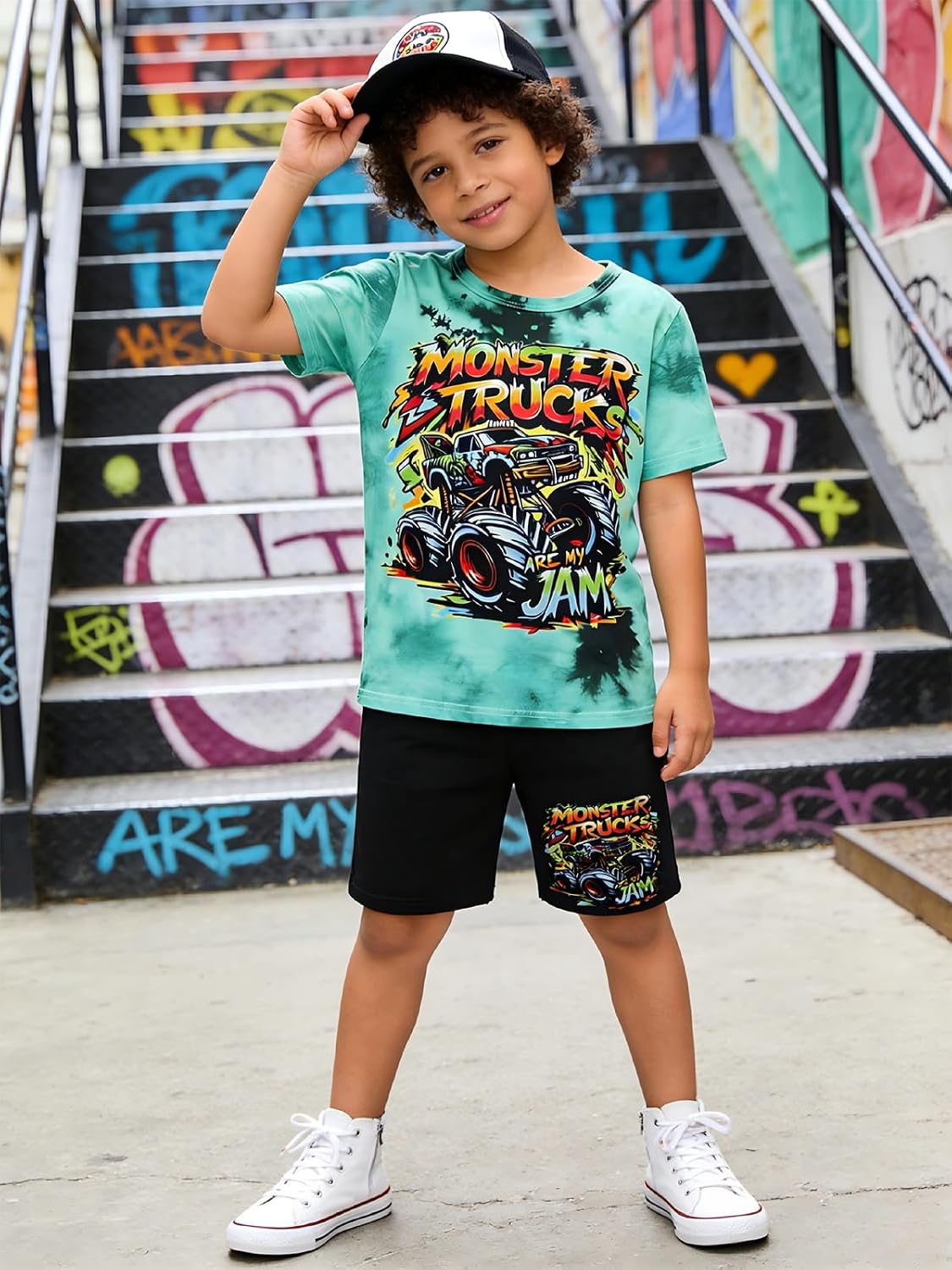 Boys Clothes 2-Piece Summer Outfit 3D Car Print Tie-Dye T-Shirt & Elastic Waist Shorts for Kids Clothing Set 5-11Y