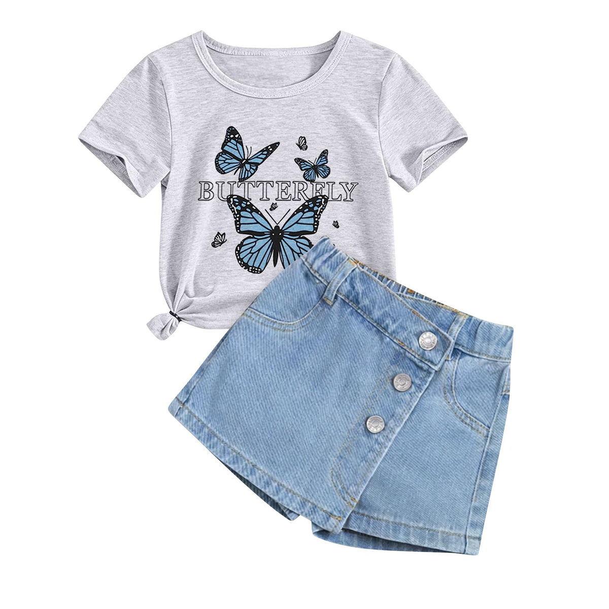 Girls Clothes 2PCS Butterfly Print Short Sleeve T-Shirt Denim Skirt Shorts Set Teen Tween Girls Summer Outfits Set