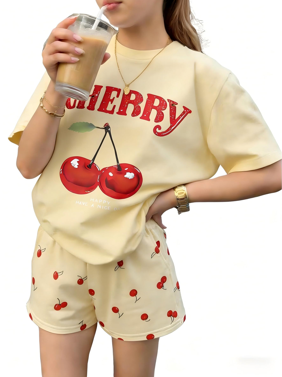 KIDLAGA Girls Two Piece Sets Cherry Pattern Short Sleeve Shirts and Shorts Set With Pockets Girls Summer Outfits Size 7-14