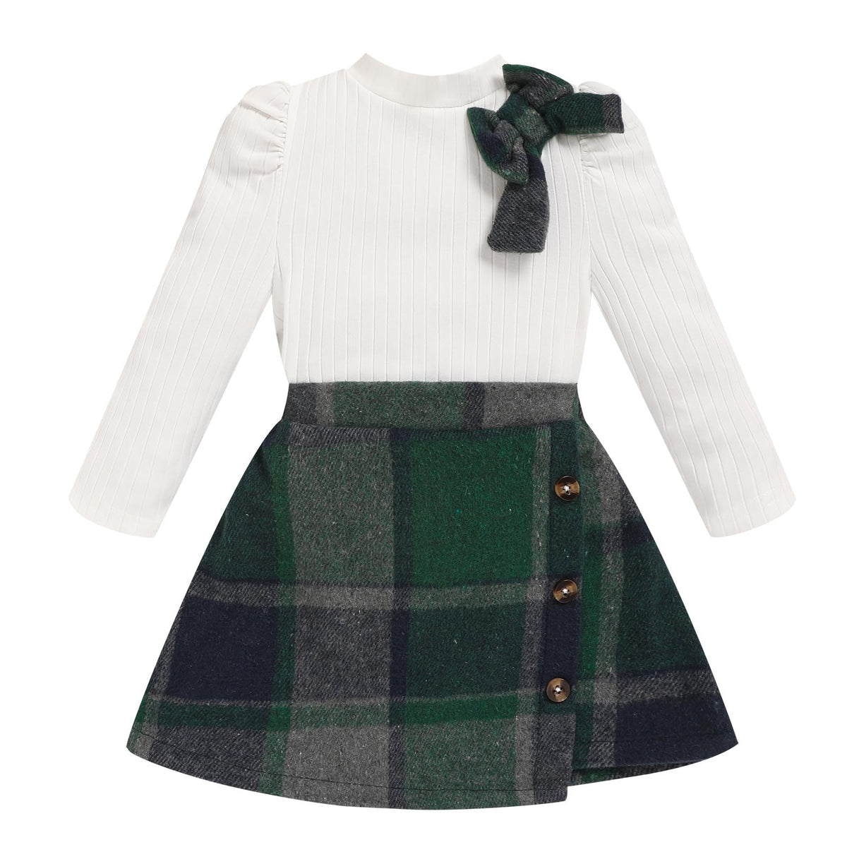 Toddler Girl Plaid Outfits Fall Winter Dress Knit Ribbed Bow Sweatshirt Tops and Button Fashion Skirts Set