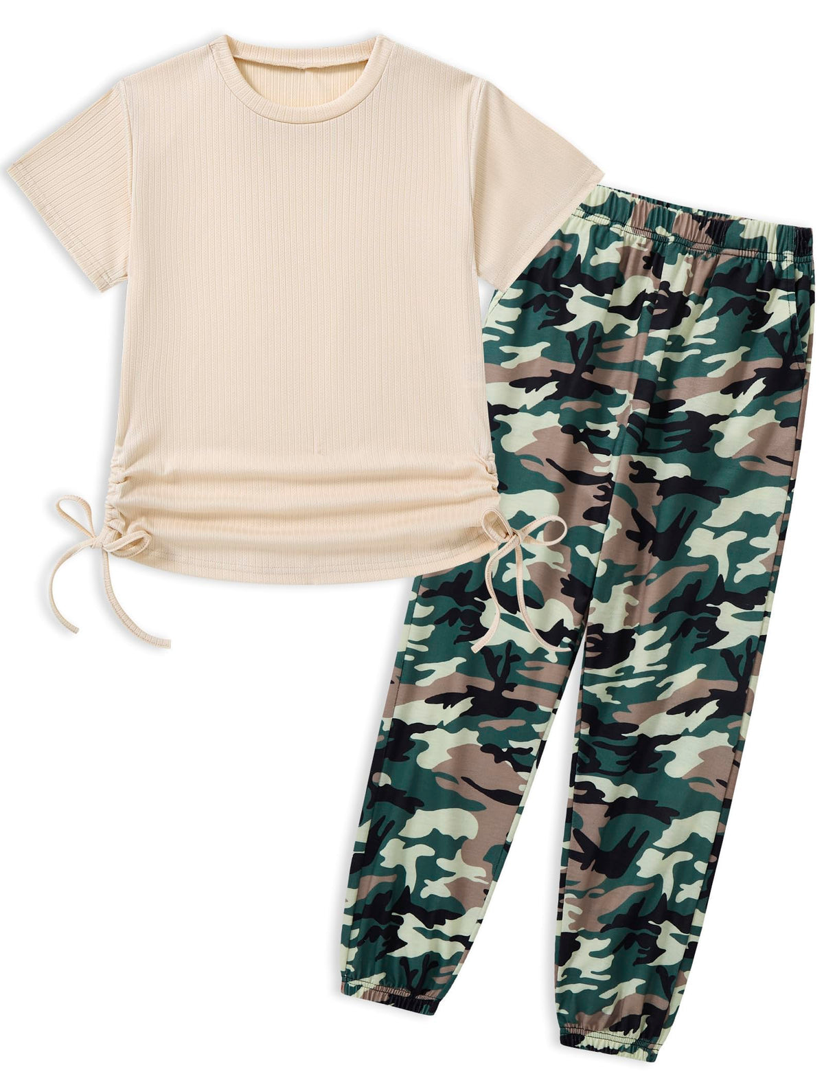 Girls Clothes Ruched Drawstring Short Sleeve Knit Top and Camo Print Pants 2 Piece Girls Outfits