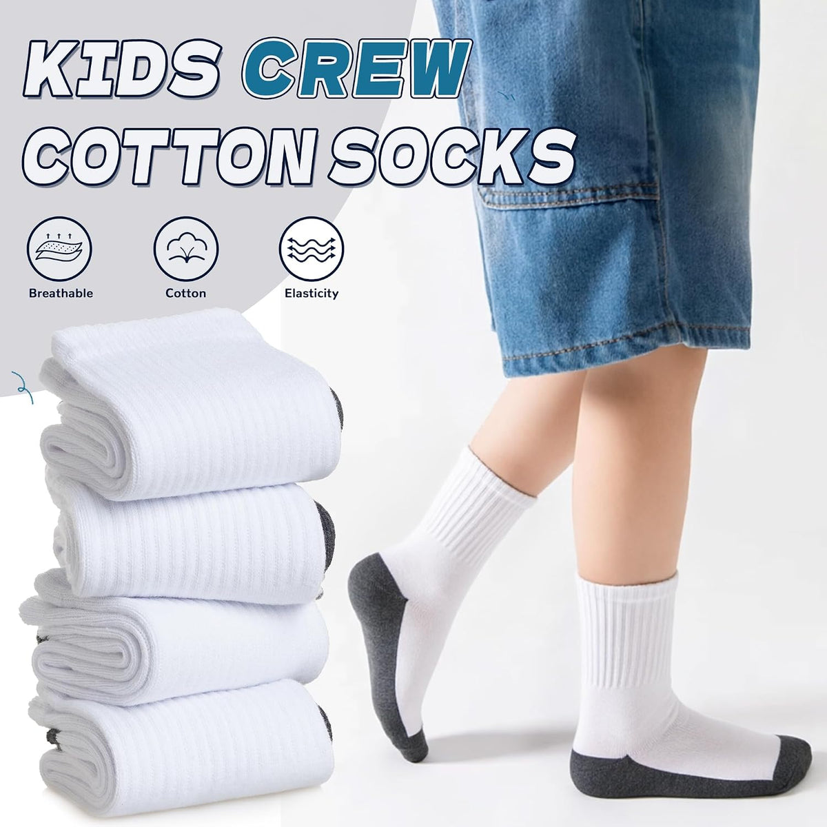 Kids Classics Crew Socks 10 Pairs Child Boy Girls Athletic Cotton Basic School Uniform Breathable Casual Sports Socks