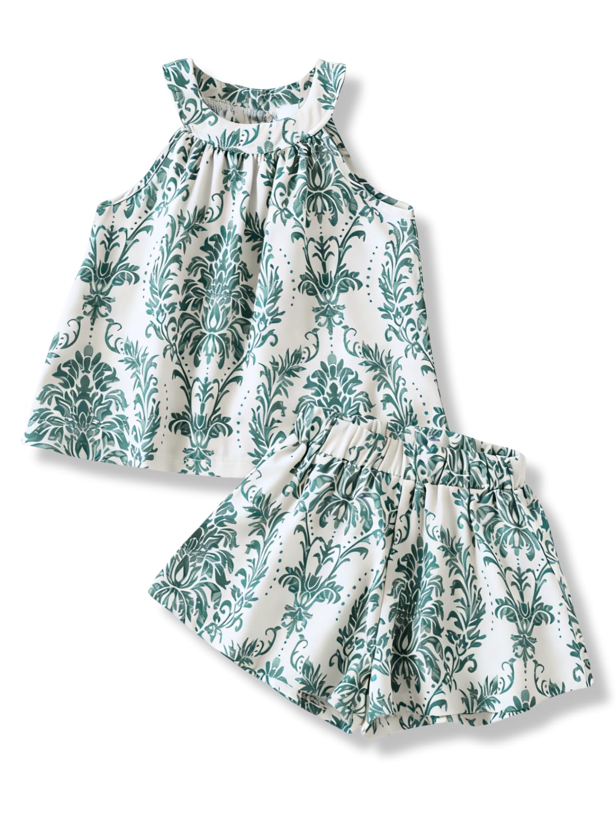 Girls Summer Outfits 2 Piece Halter Neck Floral Sleeveless Top and Short Pants Set Clothes for Kids Size 4-8 Years