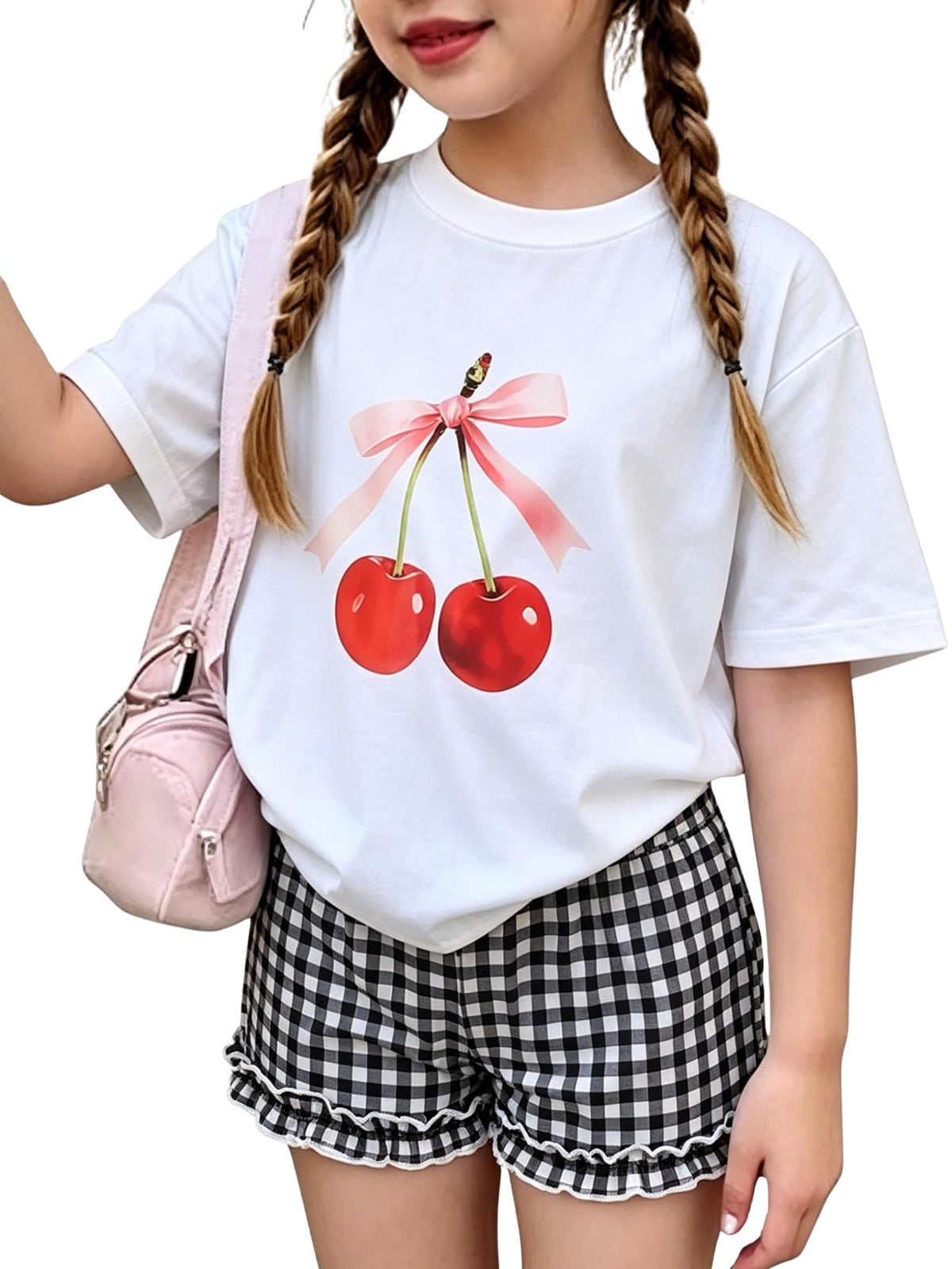 KIDLAGA Girls Shorts Sets 2 Pieces Outfits Bow/Cherry T-Shirt & Plaid Shorts Girls Summer Short Set 6-14Y
