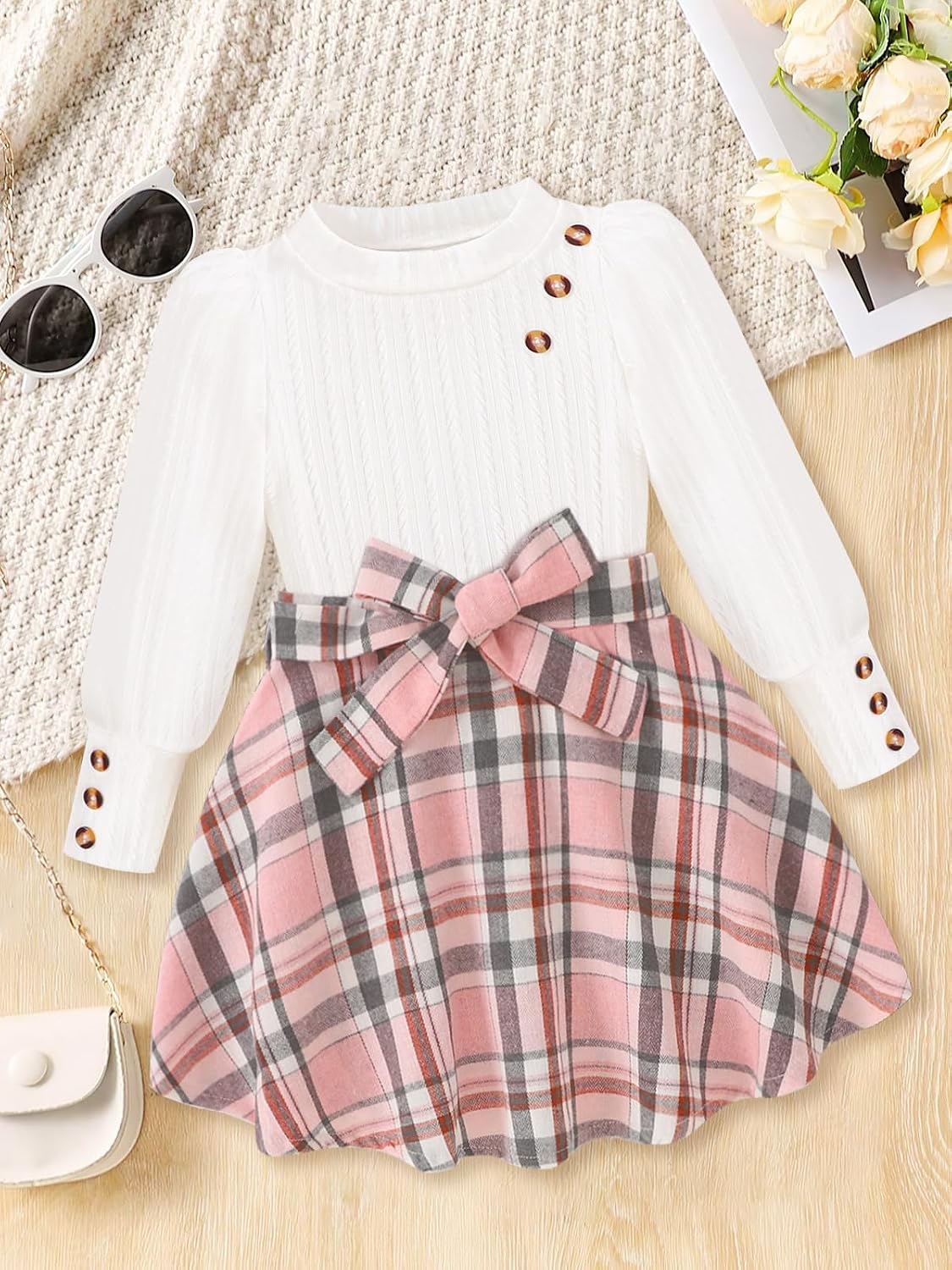AMAWMW Girls Skirt Sets Fall Outfits Puff Sleeve Crewneck Ribbed Knit Tops and Plaid Skirt Set Kids Fall Winter Clothes