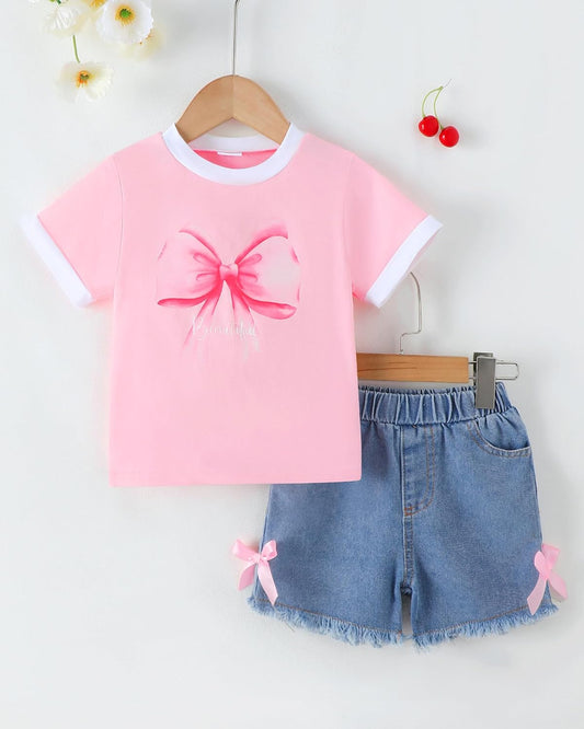Jecson Toddler Girl Clothes Summer Cotton Print T-Shirt and Jeans Shorts Set Casual Girls 2 Piece Outfits Sets 2T-8Y
