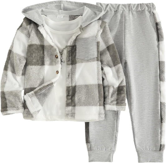 Azmxynol Boys Clothes Plaid Hooded Shirt 2pcs Outfit, Button Front Toddler Fall Winter Hoodie & Sweatpants Set, 4-8 years