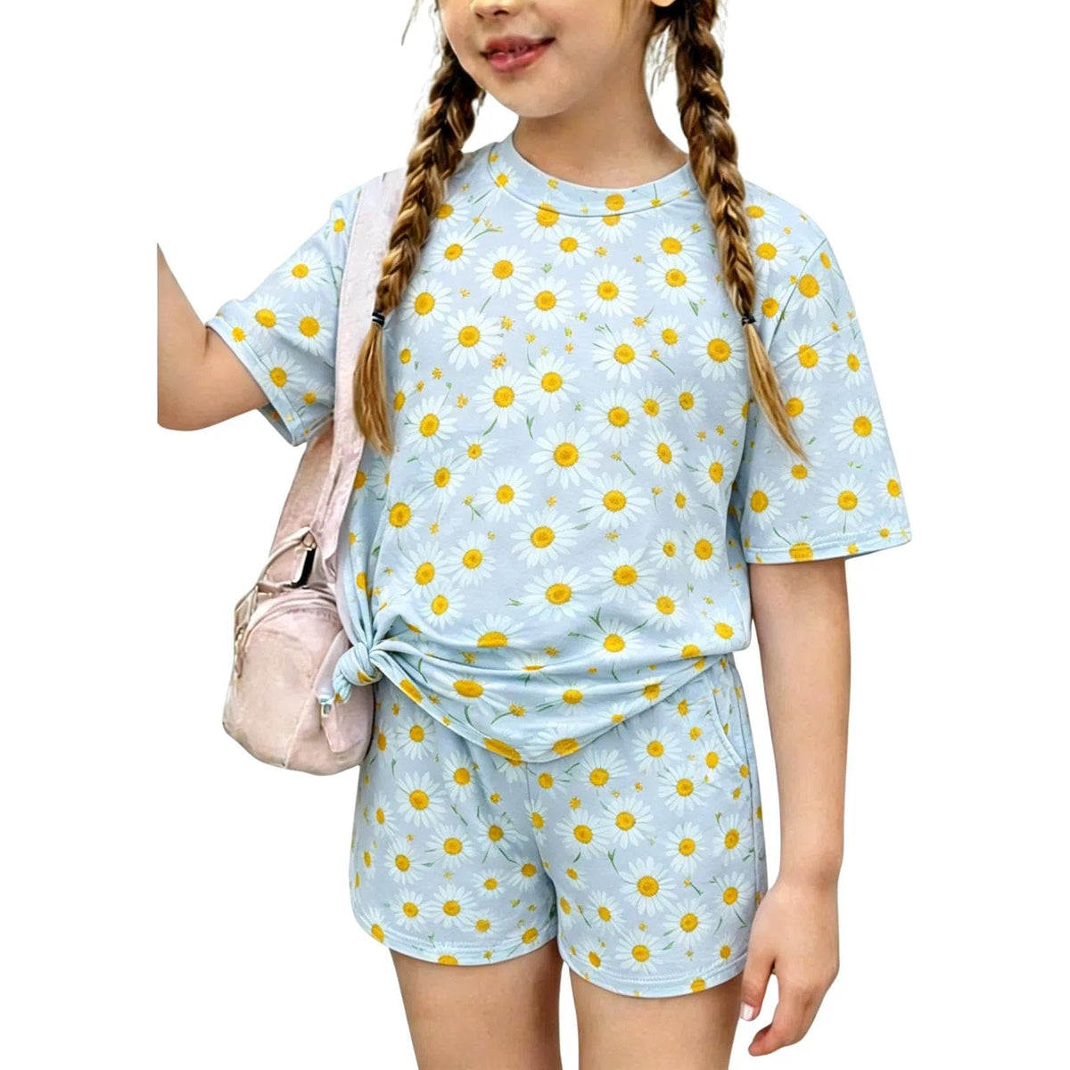 2026 6-12 Years Old Girls 2Pcs Spring Summer Outfits Set Crew Neck Short Sleeve Tops with Pocket Tie-Dye Shorts
