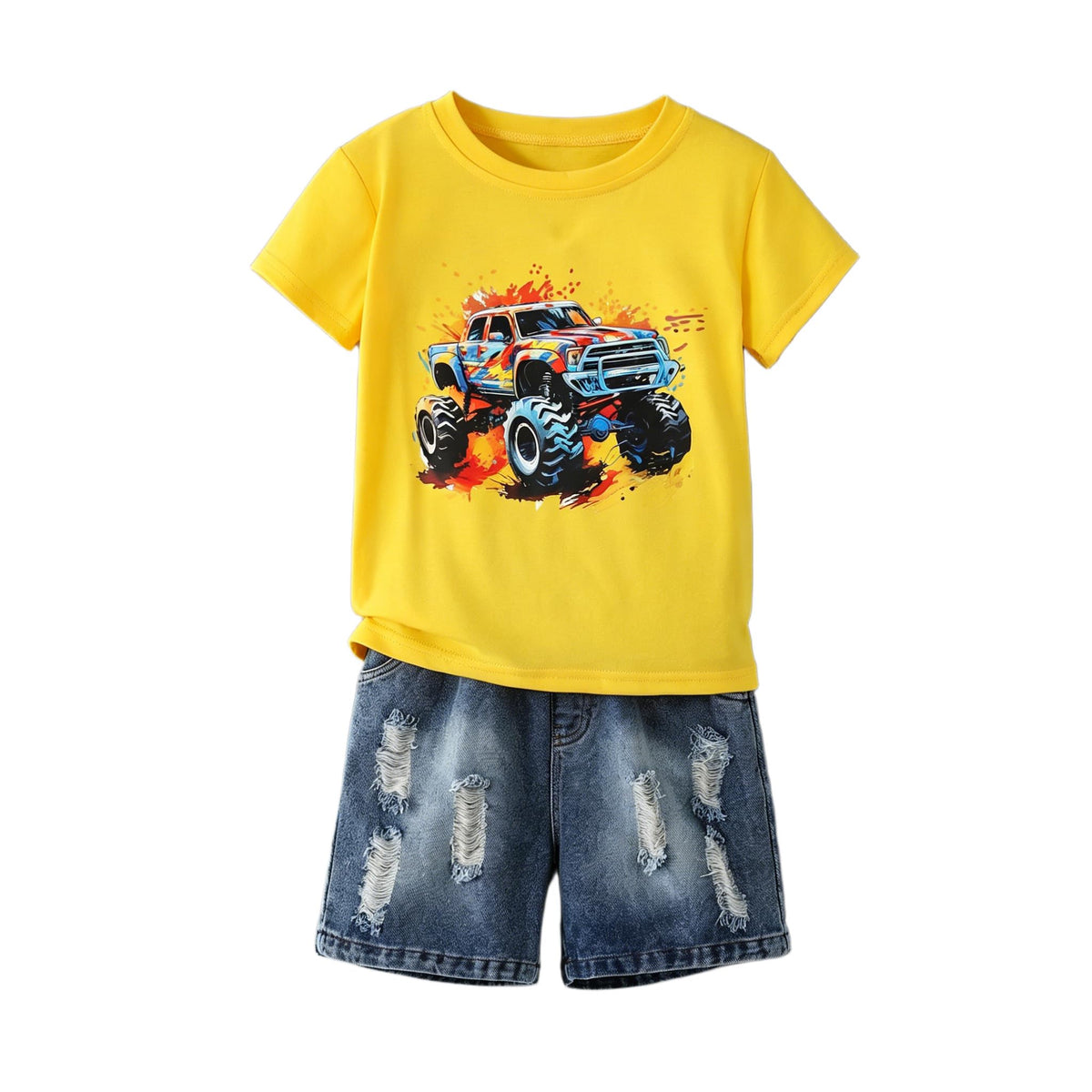 Boys Clothes 2-Piece Summer Outfit 3D Car Print Tie-Dye T-Shirt & Elastic Waist Shorts for Kids Clothing Set 5-11Y