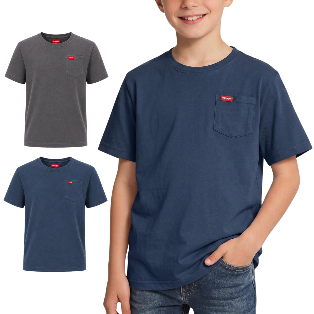 Wrangler Boys T Shirts 2-Pack - Crew Neck Pocket Tee, Soft Cotton Blend
