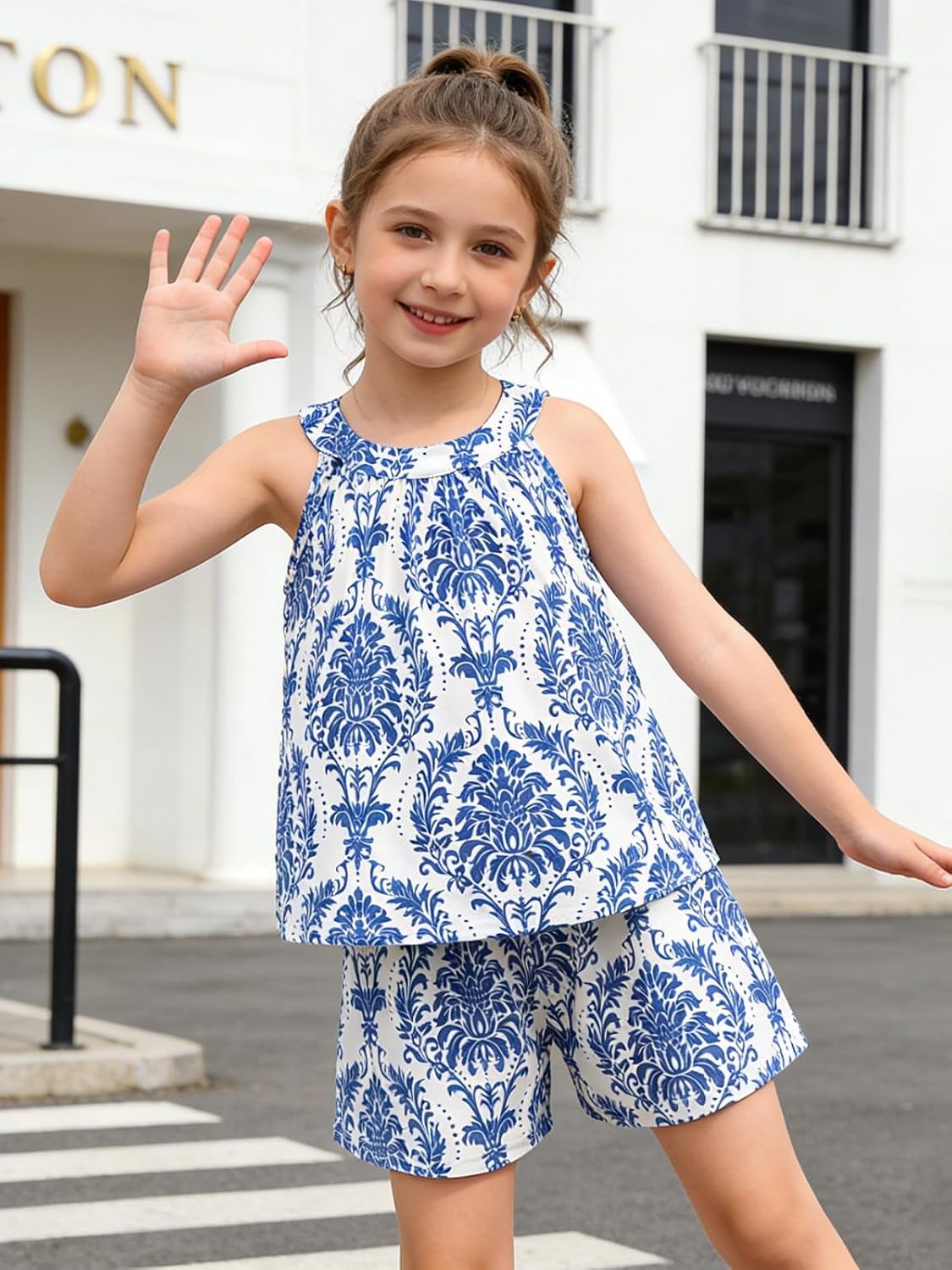Girls Summer Outfits 2 Piece Halter Neck Floral Sleeveless Top and Short Pants Set Clothes for Kids Size 4-8 Years