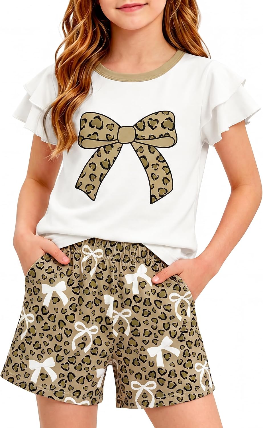 Girls Summer Outfits 2 Piece Clothes Kids Ruffle Short Sleeve T Shirt and Elastic Waist Shorts Sets with Pockets