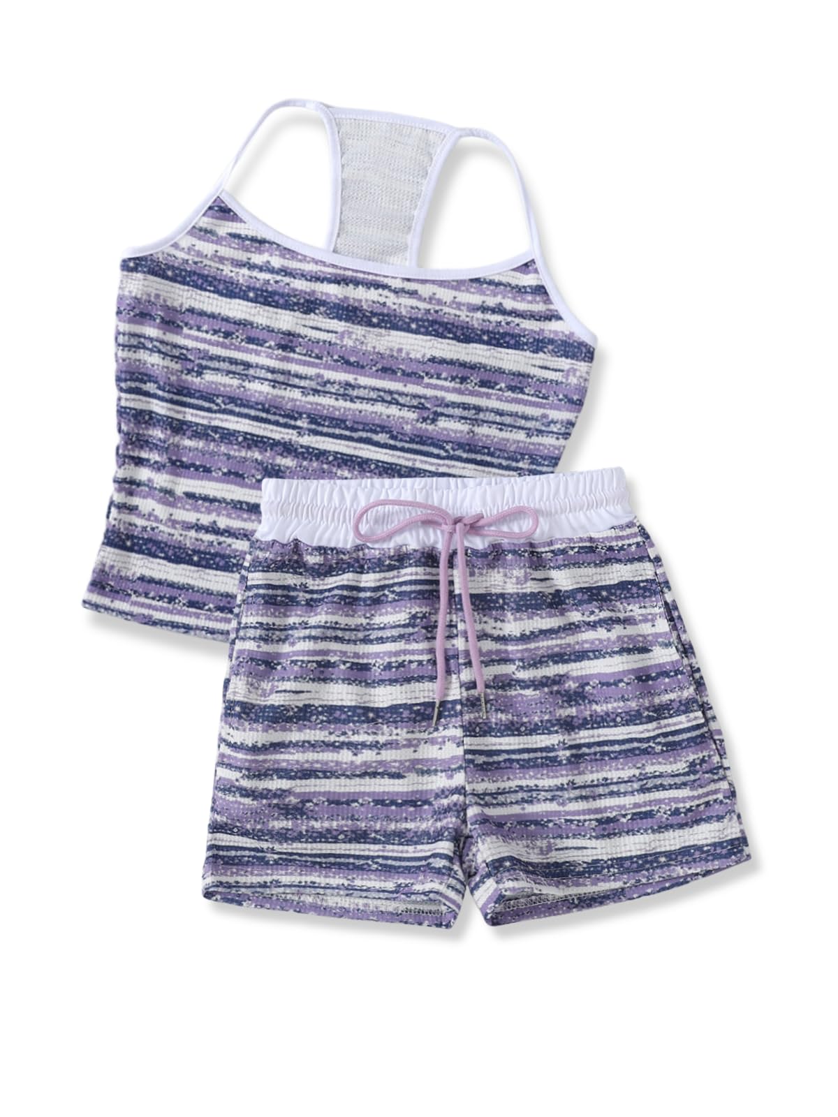 Size 7-14Y Girls Clothes 2 Piece Outfits Striped Tank Top Drawstring Shorts Teen Girls Summer Clothing Sets