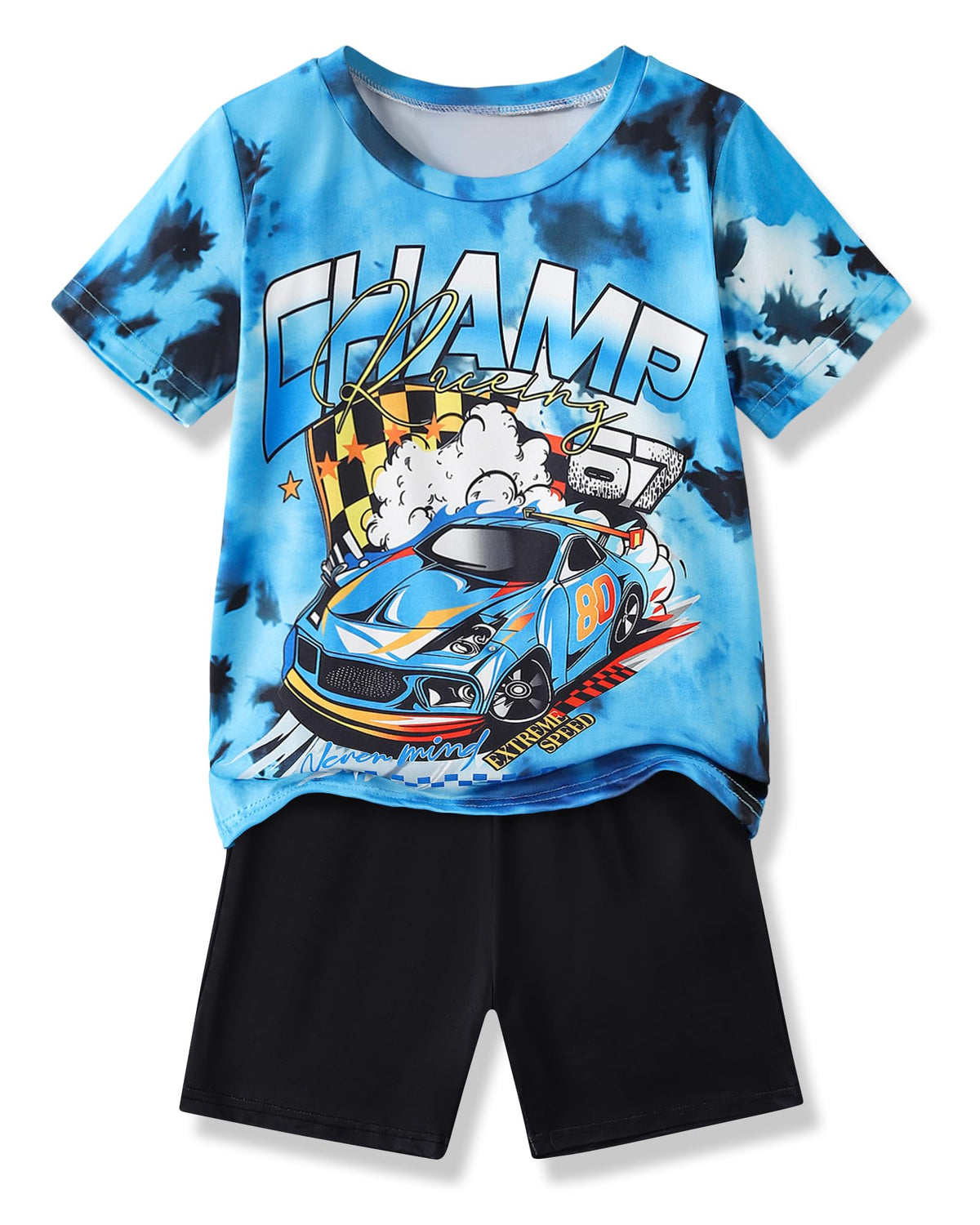 Boys Clothes 2-Piece Summer Outfit 3D Car Print Tie-Dye T-Shirt & Elastic Waist Shorts for Kids Clothing Set 5-11Y