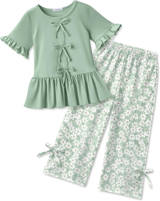 Arshiner Girls Clothes 2 Piece Outfits Butterfly Knot Top and Wide Leg Pant