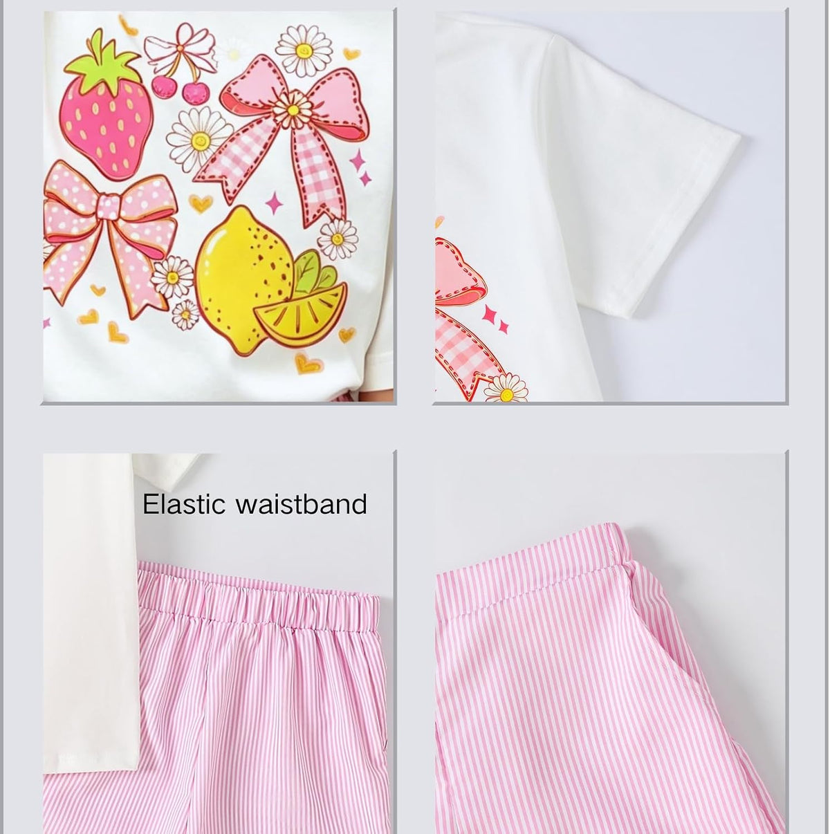 Girls Clothes Summer 2 Piece Outfits Cute Strawberry Lemon Shell Graphic Tee+ Striped Shorts Set Kids Clothing Sets