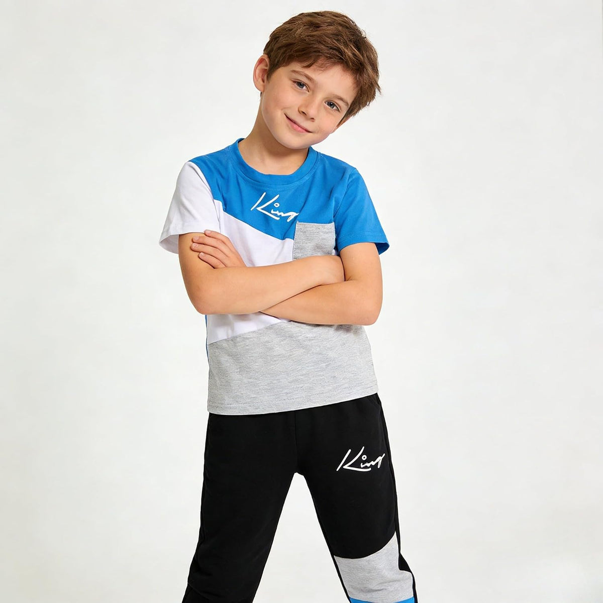 Axumity Tween Boys' 2-Piece Casual Outfit Spring Summer Short Sleeve Crewneck Top & Color Block Pants Size 6-13