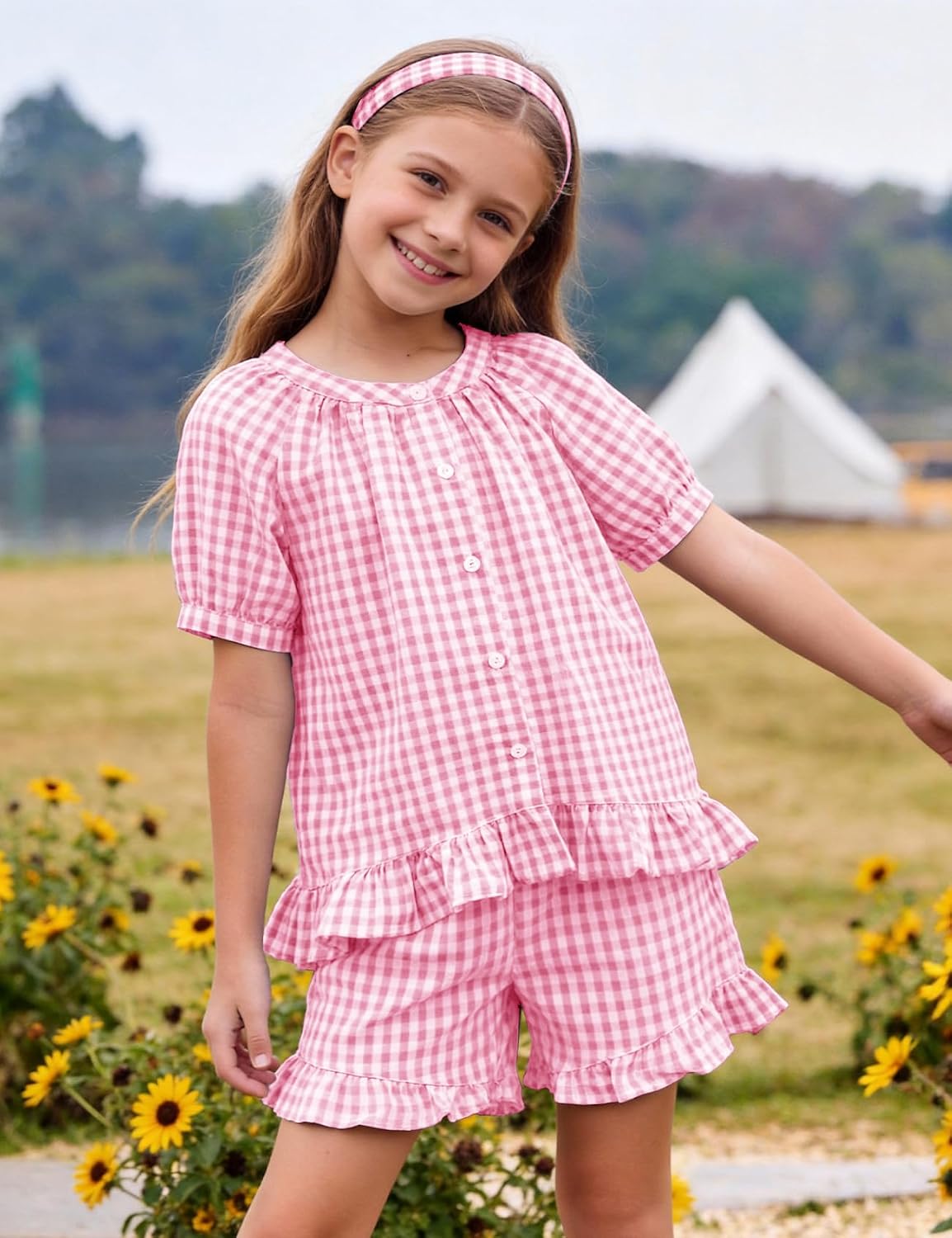 Flygo Girls Cotton Gingham Sets Cute Summer Outfits Shorts Set 5-14 Years