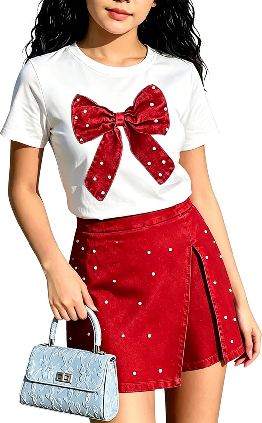6-12Y Girls Summer Clothes Short Sleeve Bow Print T-Shirt Denim Skirt Shorts Set Tween Girls Outfits Set