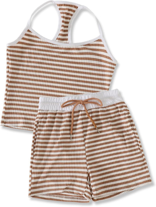 Size 7-14Y Girls Clothes 2 Piece Outfits Striped Tank Top Drawstring Shorts Teen Girls Summer Clothing Sets